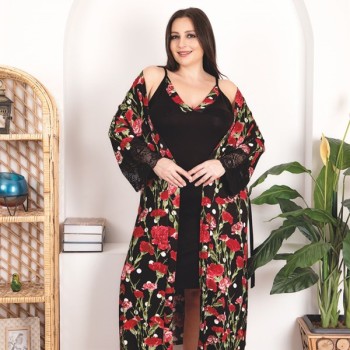 Arias Closet Büyük Beden Kırmızı Çiçek Desenli Dantel İşlemeli 2'Li Viskon Siyah Gecelik Sabahlık Takımı