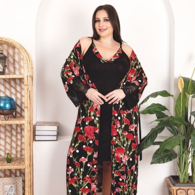 Arias Closet Büyük Beden Kırmızı Çiçek Desenli Dantel İşlemeli 2'Li Viskon Siyah Gecelik Sabahlık Takımı