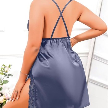 Arias Closet Büyük Beden Lacivert Dantel İşlemeli İnce Askılı Saten Fantezi Gecelik