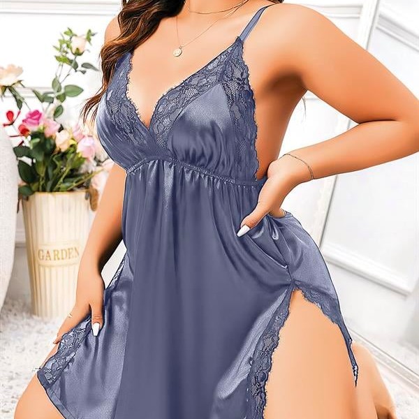 Arias Closet Büyük Beden Lacivert Dantel İşlemeli İnce Askılı Saten Fantezi Gecelik