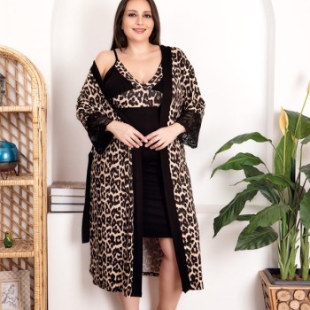 Arias Closet Büyük Beden Leopar Desenli Dantel İşlemeli 2'Li Viskon Gecelik Sabahlık Takımı