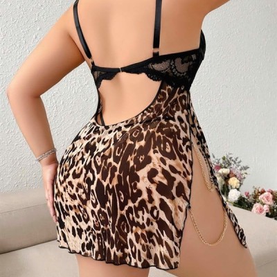 Arias Closet Büyük Beden Leopar Desenli Dantel İşlemeli Zincir Detaylı Fantezi Gecelik