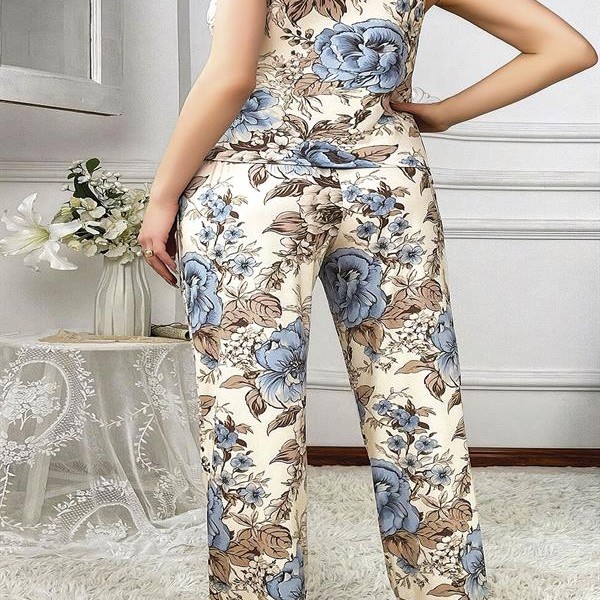 Arias Closet Büyük Beden Mavi Çiçek Desenli İnce Askılı 2'Li Saten Pijama