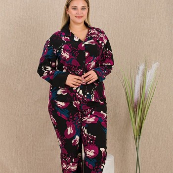 Arias Closet Büyük Beden Renkli Desenli Düğmeli Uzun Kol Viskon Pijama Takımı