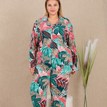 Arias Closet Büyük Beden Renkli Yaprak Desenli Düğmeli Uzun Kol Viskon Pijama Takımı