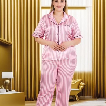 Arias Closet Büyük Beden Şık Tasarım Pembe Çizgili Düğmeli Kısa Kol Lüx Saten Pijama Takımı