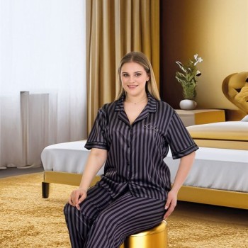 Arias Closet Büyük Beden Şık Tasarım Siyah Çizgili Düğmeli Kısa Kol Lüx Saten Pijama Takımı