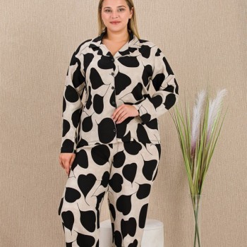 Arias Closet Büyük Beden Siyah Beyaz Kalp Desenli Düğmeli Uzun Kol Viskon Pijama Takımı