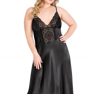 Aria's Closet Büyük Beden Siyah Uzun İkili Saten Sabahlık Gecelik Takımı