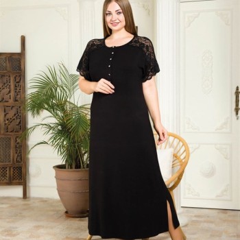 Arias Closet Büyük Beden Viskon Şık Tasarım Omuzları Dantel İşlemeli Siyah Uzun Anne Elbise