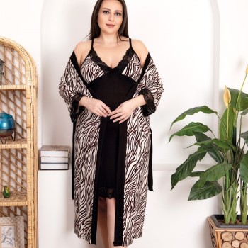 Arias Closet Büyük Beden Zebra Desenli Dantel İşlemeli 2'Li Viskon Gecelik Sabahlık Takımı