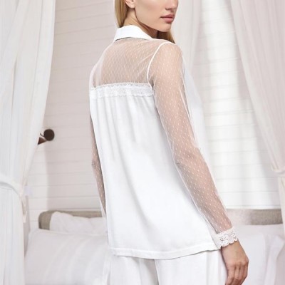 Arias Closet Dantelli Ve Tüllü Uzun Kollu Önü Düğmeli Saten Pijama Takımı