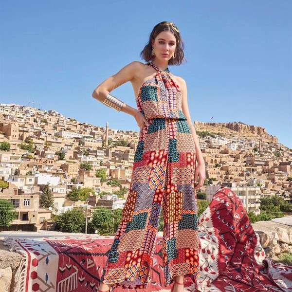 Arias Closet Etnik Desenli Saten Tulum