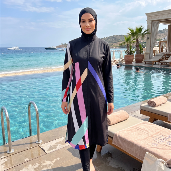 Arias Closet Geometrik Desenli Siyah Tam Kapalı Spor Likralı Fermuarlı Tesettür Mayo Takımı