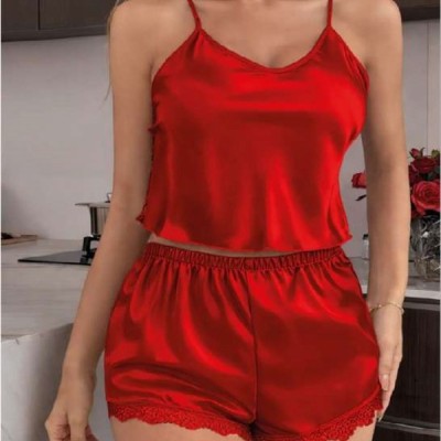 Arias Closet Kırmızı İnce Askılı Dantel İşlemeli Saten Şortlu Takım