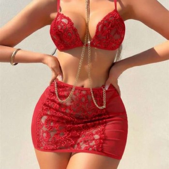 Arias Closet Kırmızı Transparan Dantel İşlemeli Zincir Detaylı Fantezi Takım