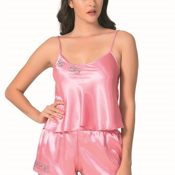 Arias Closet Koyu Pembe Saten Babydoll Şort Takımı