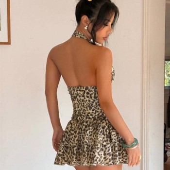 Arias Closet Özel Şık Tasarım Leopar Desenli Fırfırlı Mini Club Elbisesi