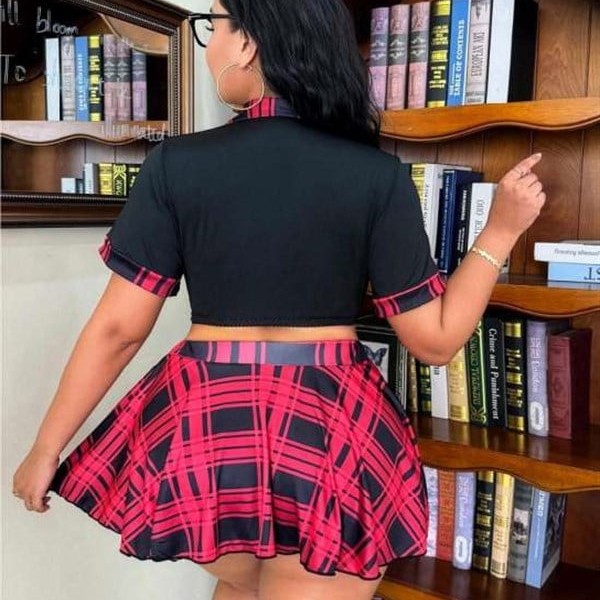 Arias Closet Özel Tasarım Büyük Beden Ekose Mini Etekli Bolerolu Fantezi Liseli Kostümü