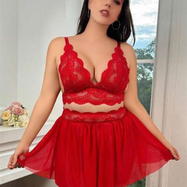 Arias Closet Özel Tasarım Büyük Beden Kırmızı Dantel İşlemeli Dekolteli Fantezi Etekli Sütyen Takımı