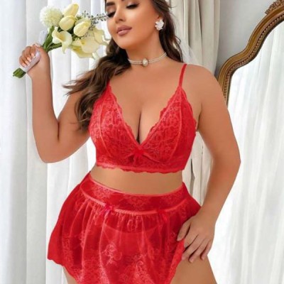 Arias Closet Özel Tasarım Büyük Beden Kırmızı Dantel İşlemeli Fantezi Etekli Sütyen Takımı
