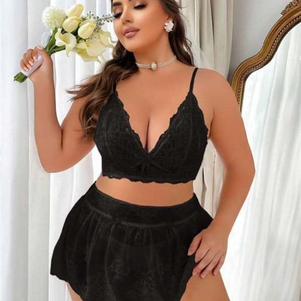 Arias Closet Özel Tasarım Büyük Beden Siyah Dantel İşlemeli Fantezi Mini Etekli Sütyen Takımı