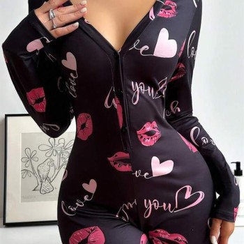 Arias Closet Pamuklu Kırmızı Öpücük Ve Kalp Desenli Düğmeli Uzun Kol Tulum Pijama