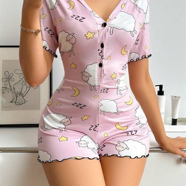 Arias Closet Pamuklu Pembe Kuzu Desenli Düğmeli Uzun Kol Tulum Pijama