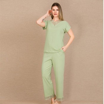 Arias Closet Pamuklu Şık Tasarım Dantel İşlemeli Yeşil Kısa Kol Pijama Takımı