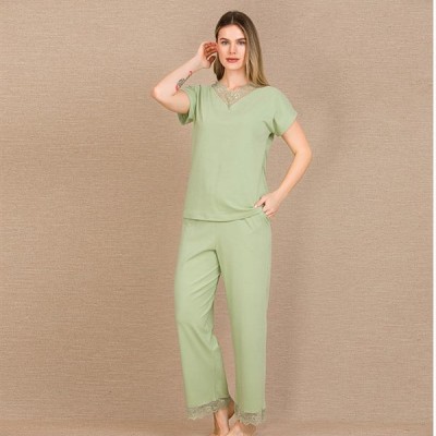 Arias Closet Pamuklu Şık Tasarım Dantel İşlemeli Yeşil Kısa Kol Pijama Takımı