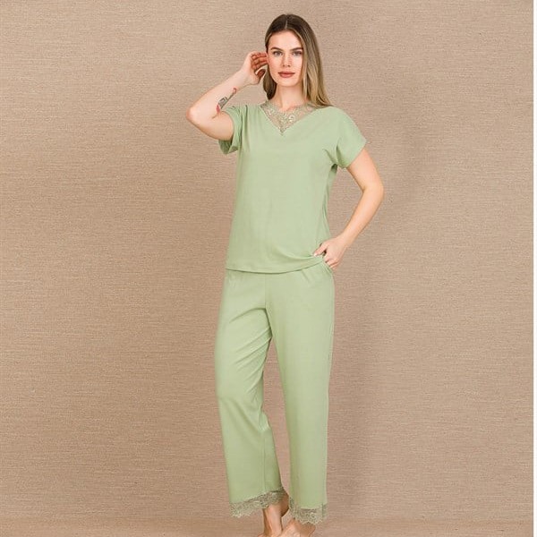 Arias Closet Pamuklu Şık Tasarım Dantel İşlemeli Yeşil Kısa Kol Pijama Takımı