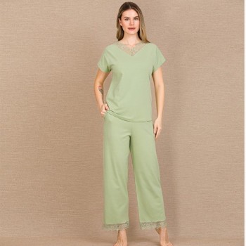 Arias Closet Pamuklu Şık Tasarım Dantel İşlemeli Yeşil Kısa Kol Pijama Takımı