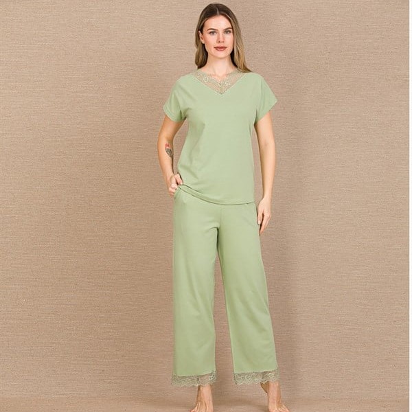 Arias Closet Pamuklu Şık Tasarım Dantel İşlemeli Yeşil Kısa Kol Pijama Takımı