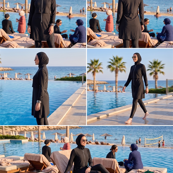 Arias Closet Paraşüt Basic Siyah Tam Kapalı Fermuarlı Spor Likralı Tesettür Mayo Takımı