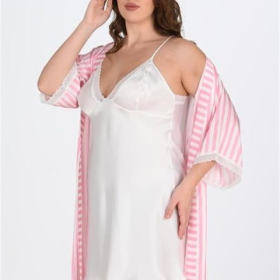 Arias Closet Premium Büyük Beden Saten Dantel İşlemeli Beyaz-Pembe 2'Li Gecelik Sabahlık Takımı Bigsize