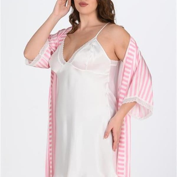 Arias Closet Premium Büyük Beden Saten Dantel İşlemeli Beyaz-Pembe 2'Li Gecelik Sabahlık Takımı Bigsize