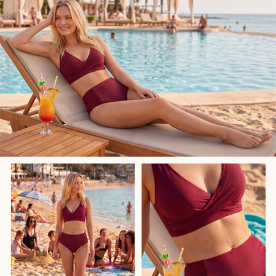 Arias Closet Şık Tasarım Burgulu Hızlı Kuruyan Bordo Yüksek Bel Bikini Takımı