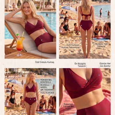 Arias Closet Şık Tasarım Burgulu Hızlı Kuruyan Bordo Yüksek Bel Bikini Takımı