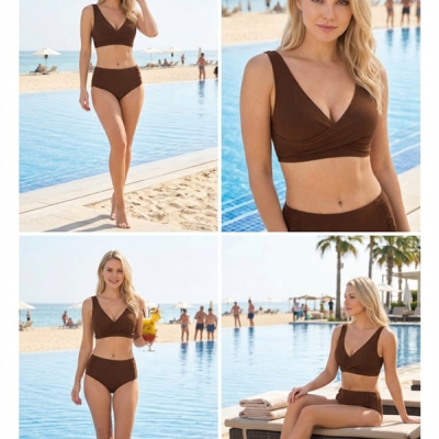 Arias Closet Şık Tasarım Burgulu Hızlı Kuruyan Kahverengi Yüksek Bel Bikini Takımı