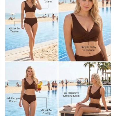 Arias Closet Şık Tasarım Burgulu Hızlı Kuruyan Kahverengi Yüksek Bel Bikini Takımı