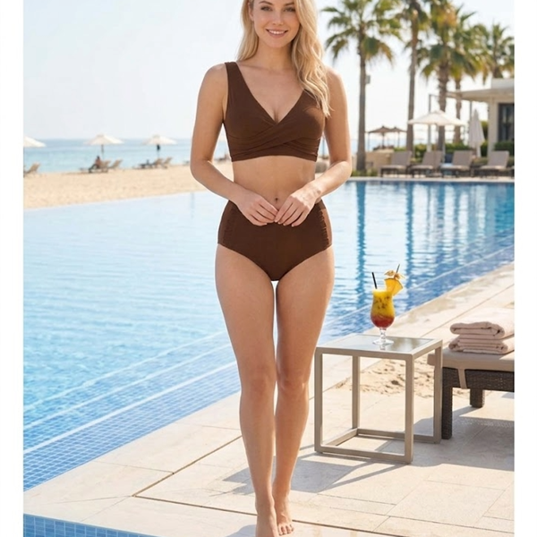 Arias Closet Şık Tasarım Burgulu Hızlı Kuruyan Kahverengi Yüksek Bel Bikini Takımı