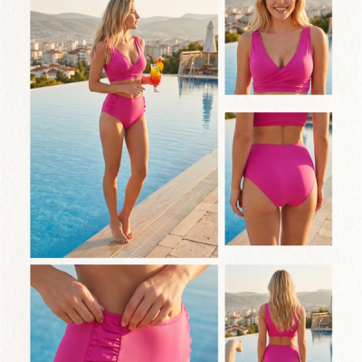 Arias Closet Şık Tasarım Burgulu Hızlı Kuruyan Pembe Yüksek Bel Bikini Takımı
