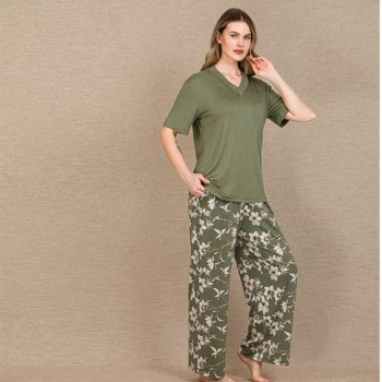 Arias Closet Şık Tasarım Çiçek Desenli Yeşil Kısa Kol Viskon Pijama Takımı