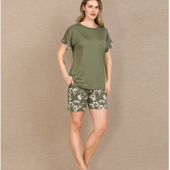 Arias Closet Şık Tasarım Çiçek Desenli Yeşil Şortlu Kısa Kol Viskon Pijama Takımı