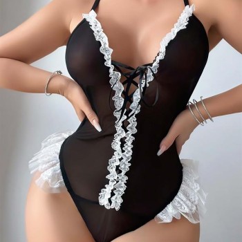 Arias Closet Siyah Dantel İşlemeli Sırt Dekolteli Fantezi Body