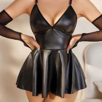 Arias Closet Siyah Etekli Fantezi Deri Elbise