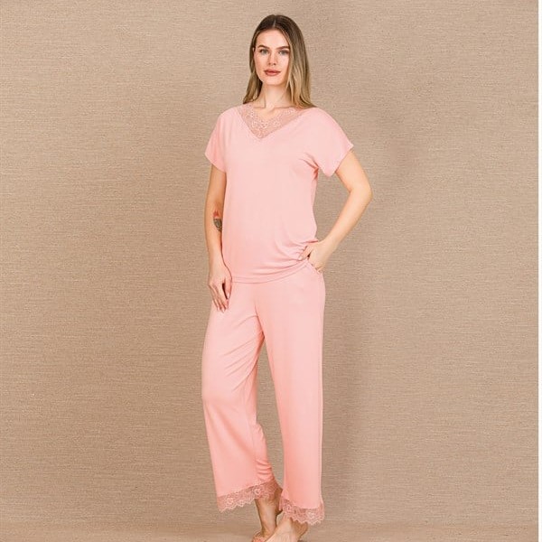 Arias Closet Viskon Şık Tasarım Dantel İşlemeli Açık Pembe Kısa Kol Pijama Takımı