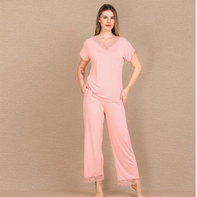 Arias Closet Viskon Şık Tasarım Dantel İşlemeli Açık Pembe Kısa Kol Pijama Takımı