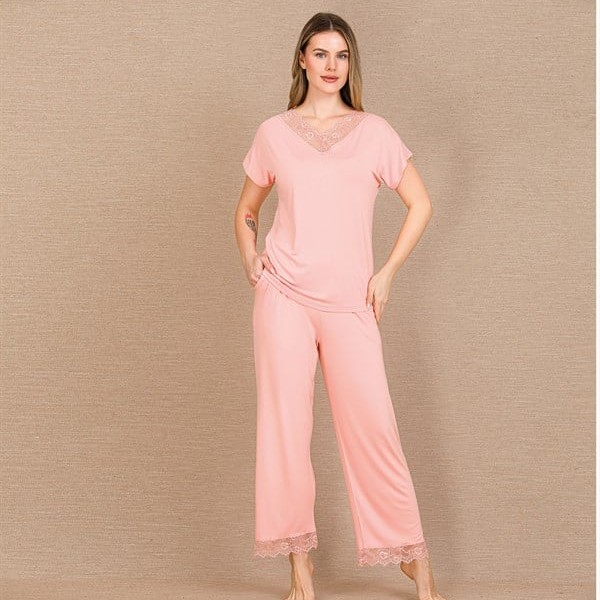 Arias Closet Viskon Şık Tasarım Dantel İşlemeli Açık Pembe Kısa Kol Pijama Takımı