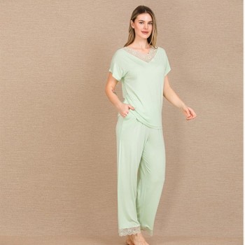 Arias Closet Viskon Şık Tasarım Dantel İşlemeli Açık Yeşil Kısa Kol Pijama Takımı